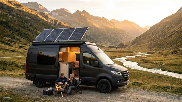 Camper van off-grid con pannelli solari al tramonto tra le montagne